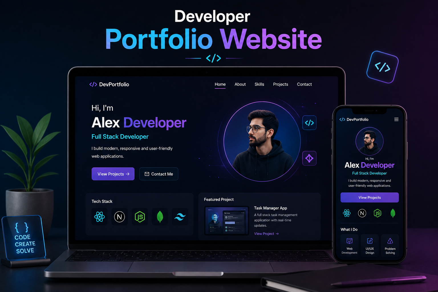 Create a Portfolio Website for a Software Developer Software developer portfolio website showing projects, technical skills, responsive design, and developer profile on desktop and mobile