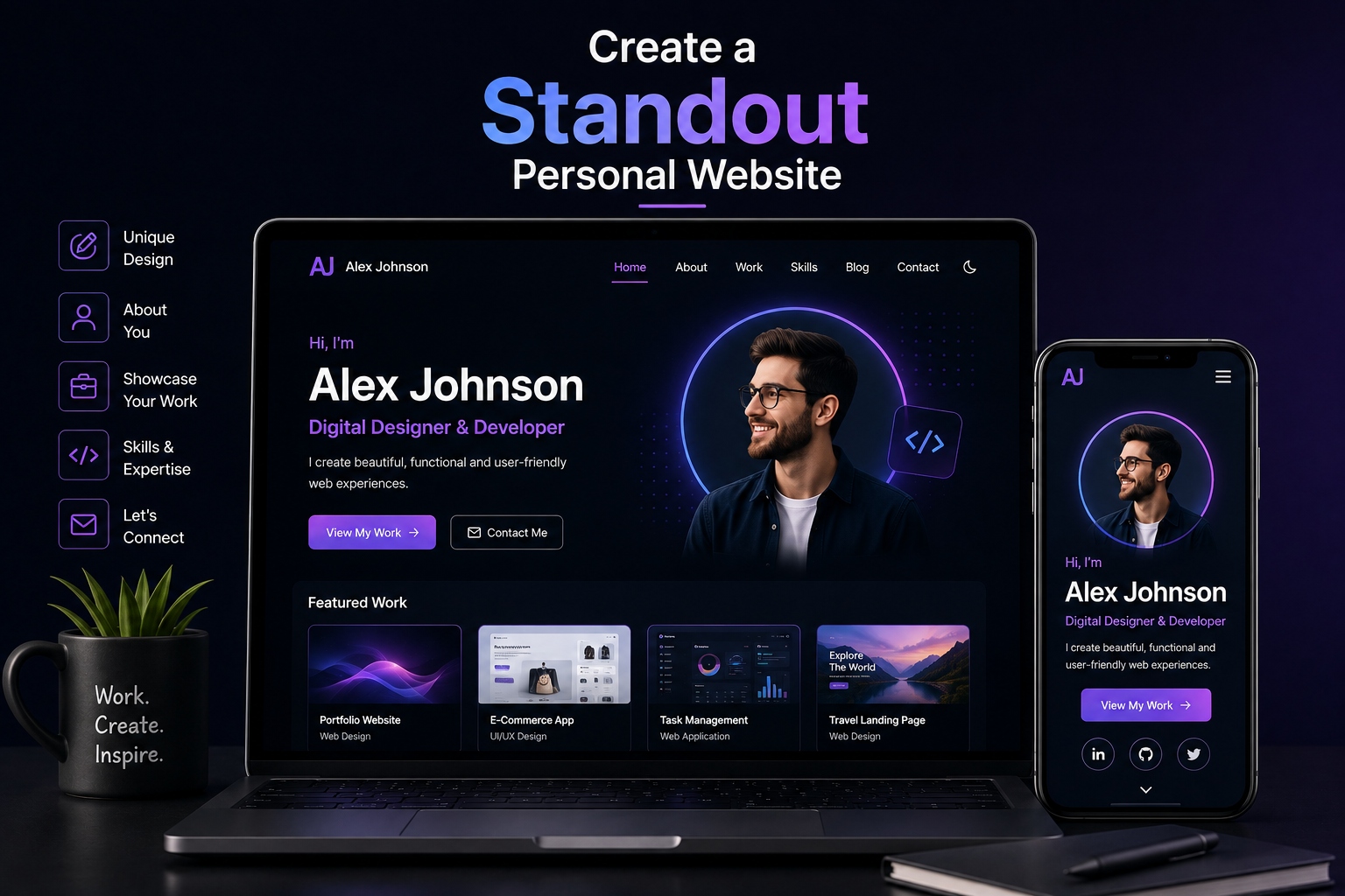 Standout personal website showing a modern personal brand, featured work, skills, profile, and responsive desktop and mobile design