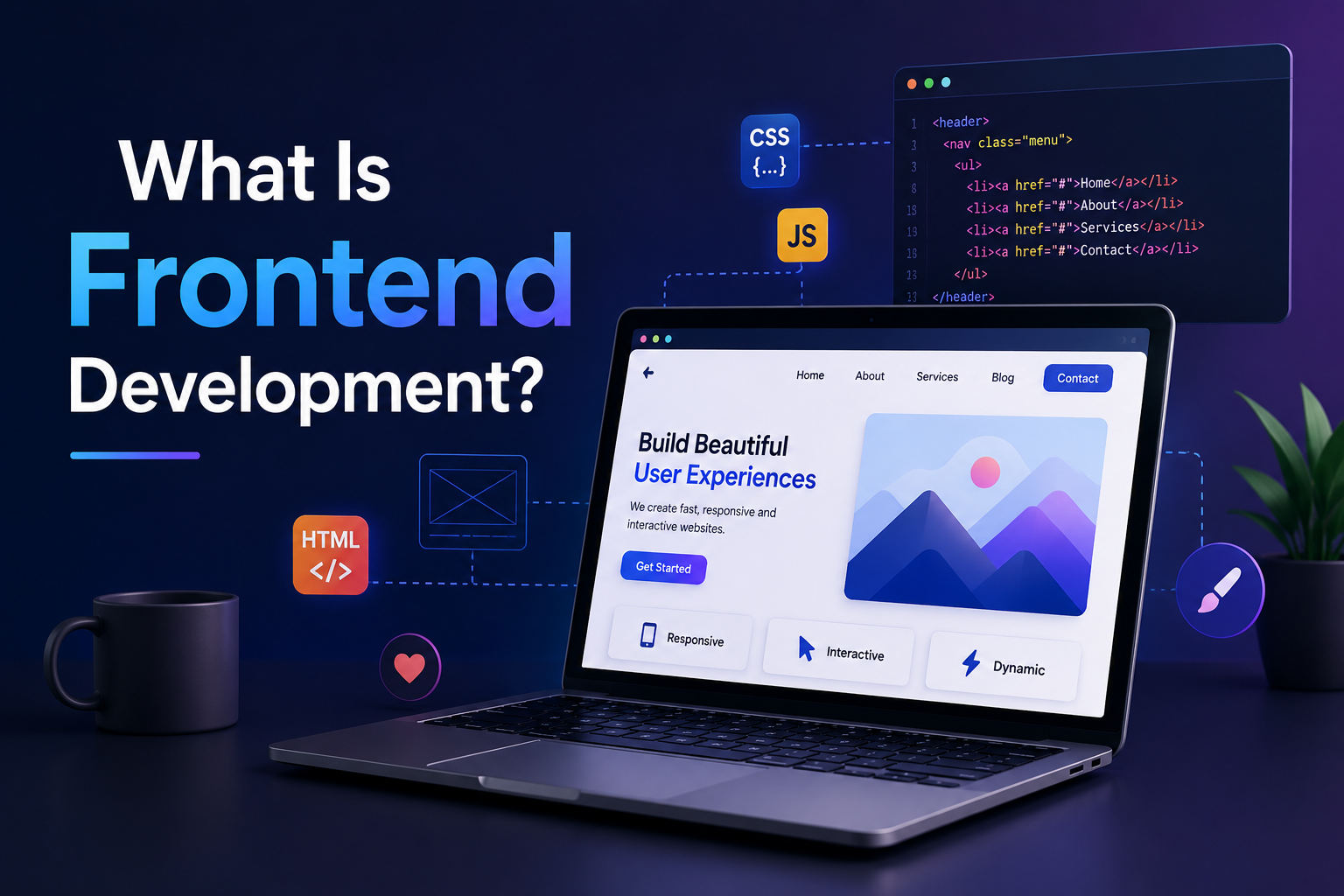 Frontend development showing HTML, CSS, and JavaScript powering a responsive and interactive website