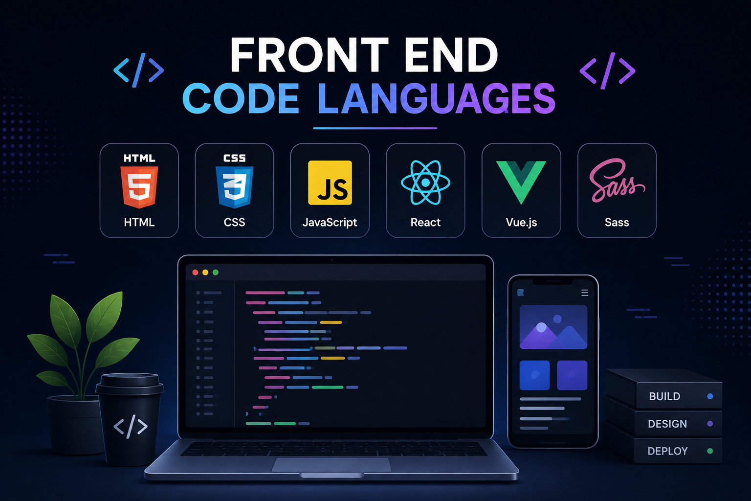 Front end code languages showing HTML, CSS, JavaScript, React, Vue.js, and Sass with a developer coding interface