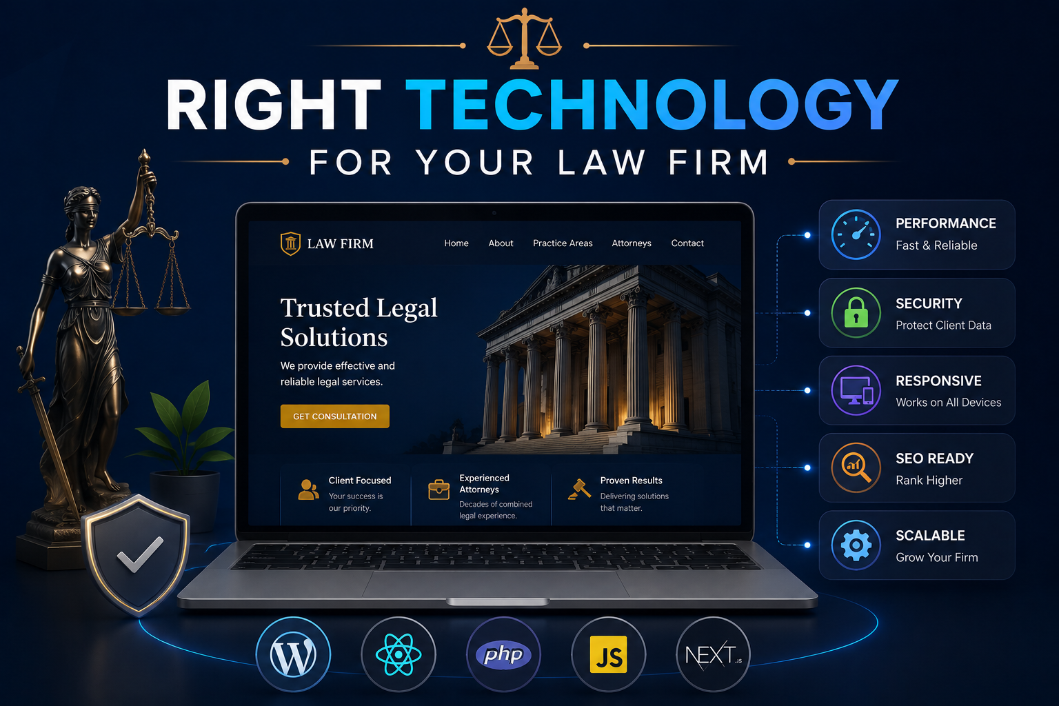 Choose the Right Technology for Your Law Firm Website Law firm website technology showing performance, security, responsive design, SEO, scalability, and technology options