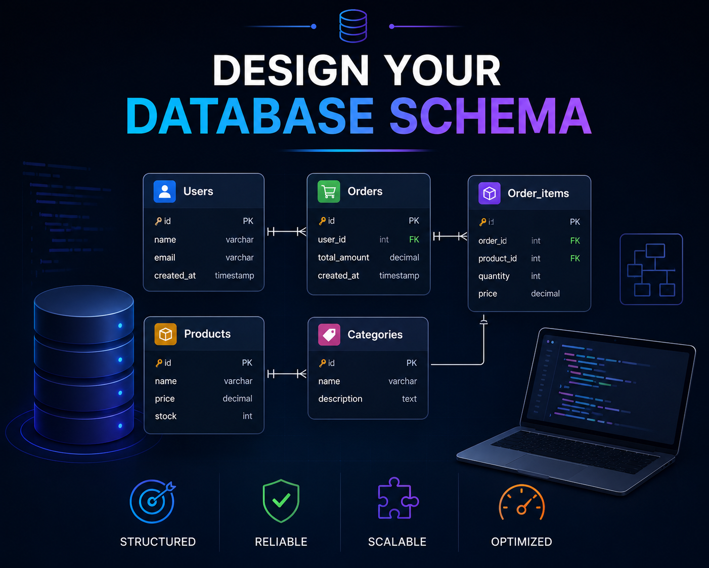Design Your Database Schema Database schema diagram showing users, orders, products, categories, relationships, primary keys, and foreign keys