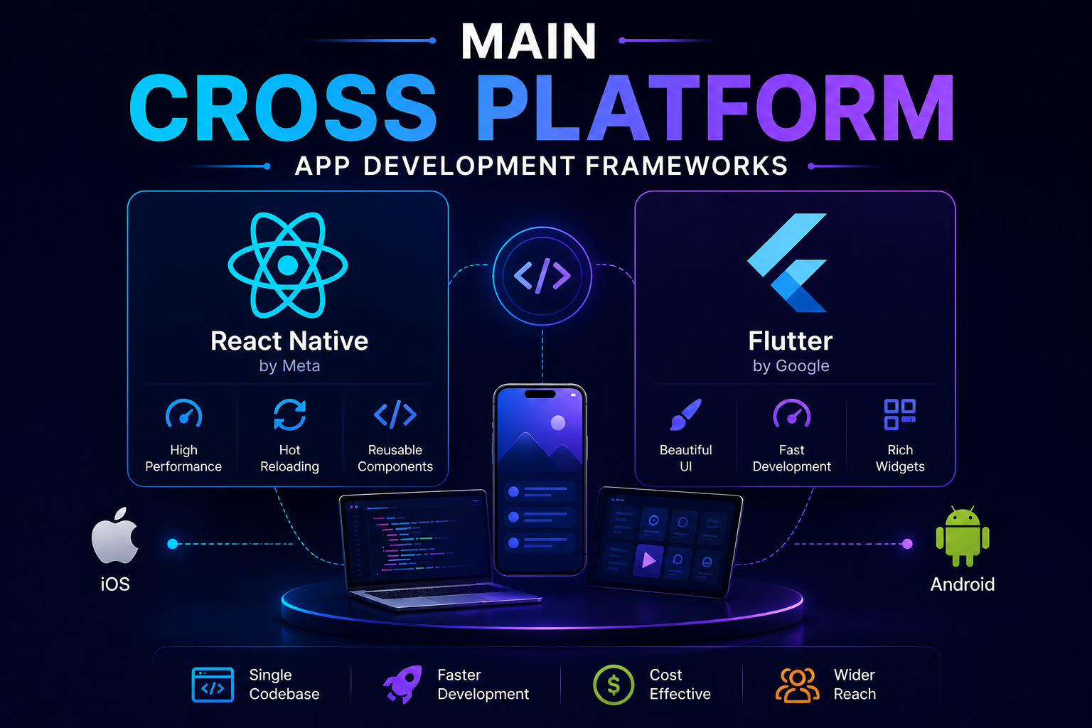 Cross platform app development frameworks showing React Native and Flutter for building apps on iOS and Android