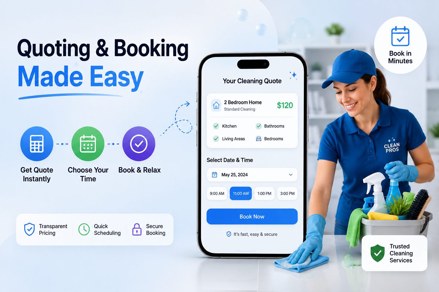 Make Quoting and Booking as Easy as Possible in Cleaning Business Cleaning business website showing instant quotes, easy scheduling, online booking, transparent pricing, and secure checkout