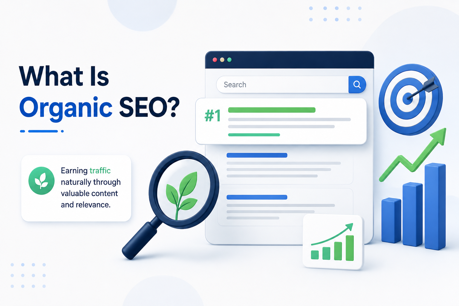 What Is Organic SEO? Organic SEO showing natural search traffic through valuable content, relevant search results, and steady website growth