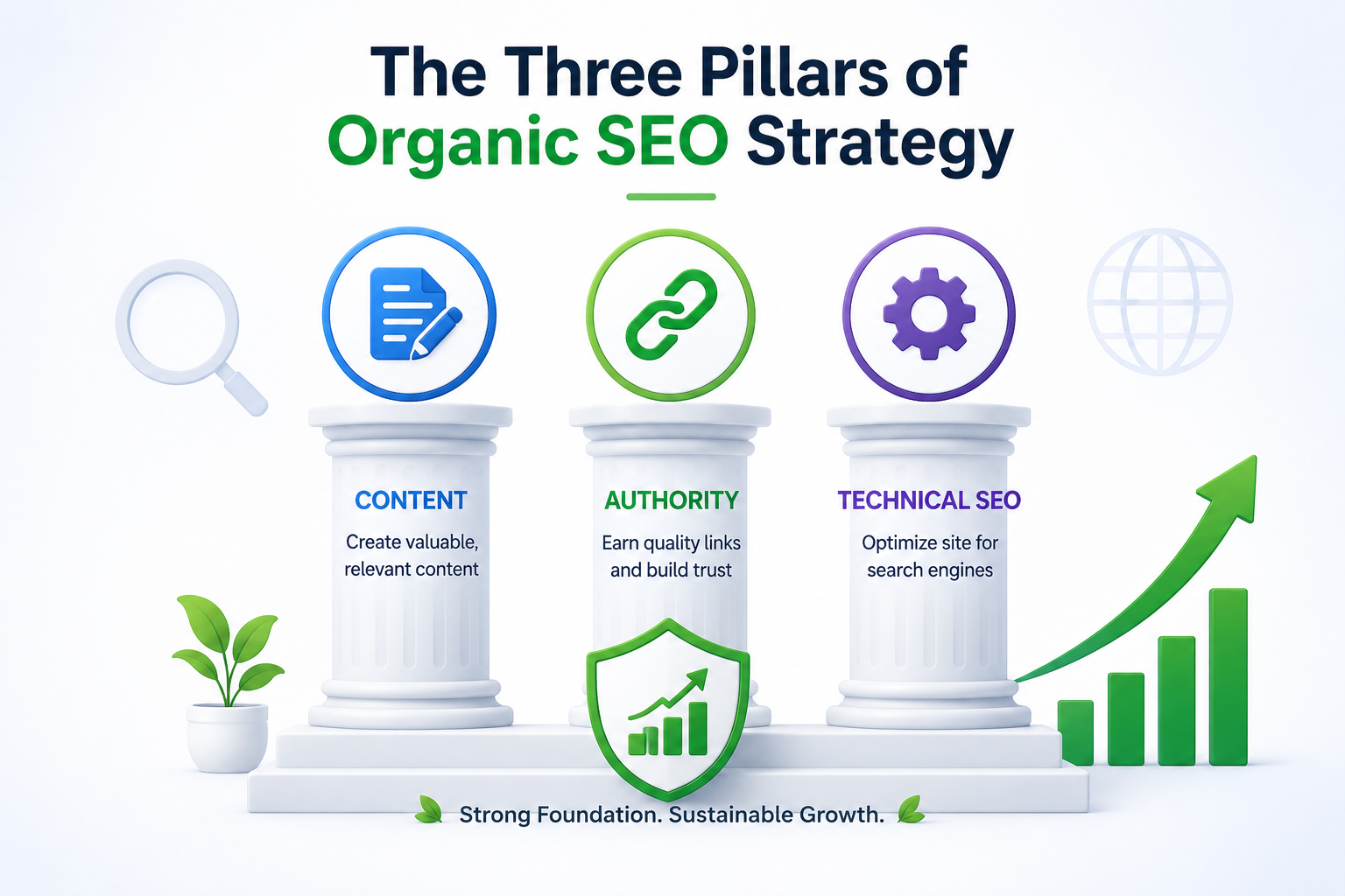 Three pillars of organic SEO strategy showing content, authority, and technical SEO supporting sustainable website growth The Three Pillars of Organic SEO Strategy