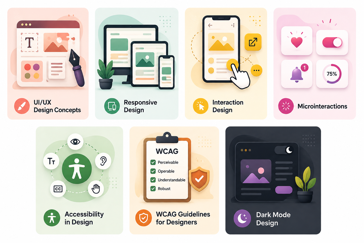 UI/UX design concepts showing responsive design, interaction design, microinteractions, accessibility, WCAG guidelines, and dark mode design
