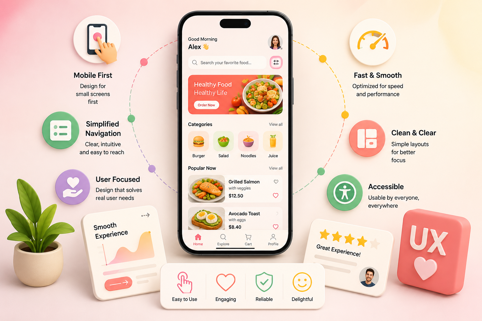 Mobile UX design showing a smartphone app interface with mobile-first design, simplified navigation, accessibility, speed, clarity, and user-focused experience