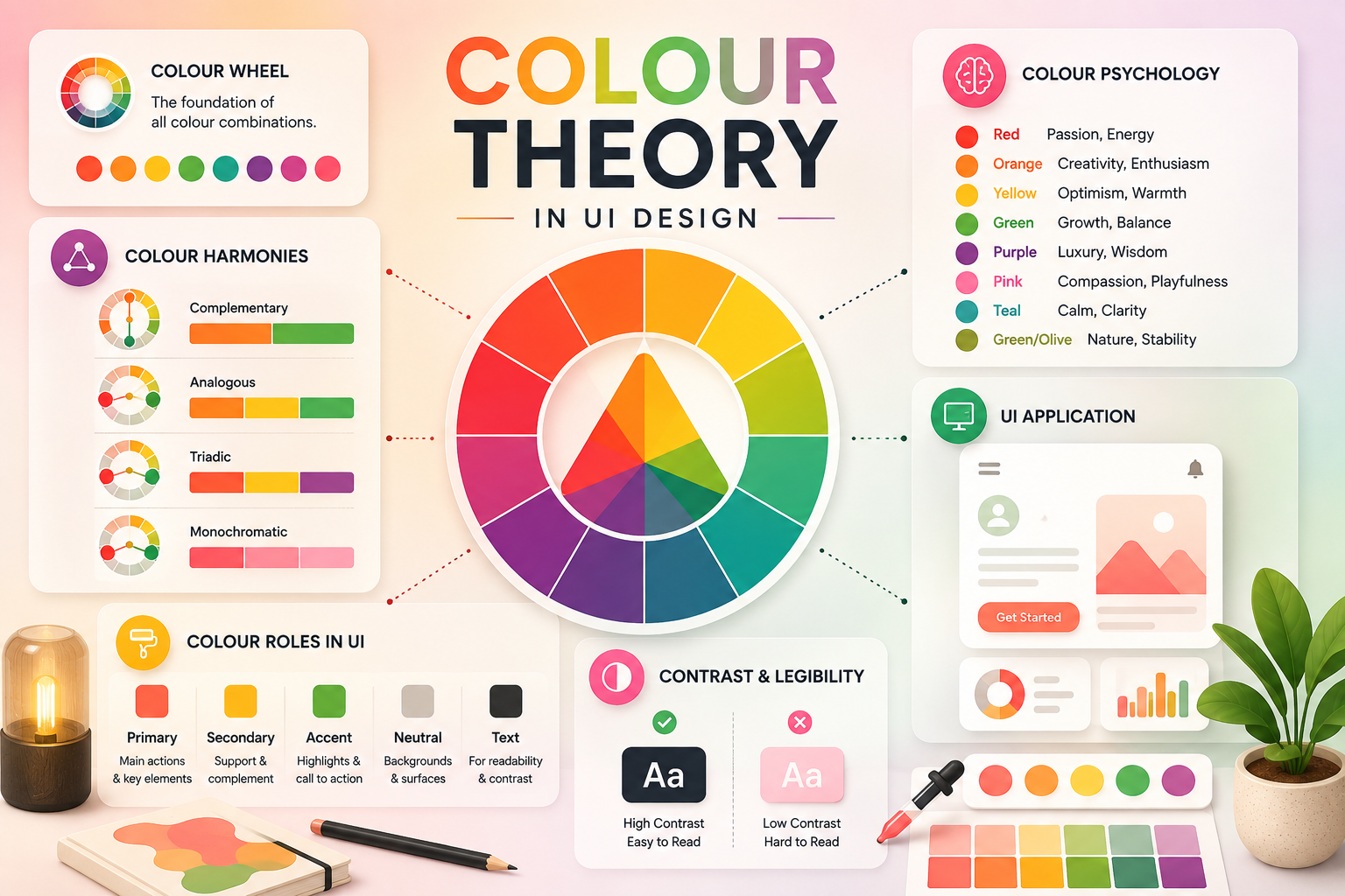 Colour theory in UI design showing colour wheel, colour harmonies, colour psychology, UI colour roles, contrast, and accessibility