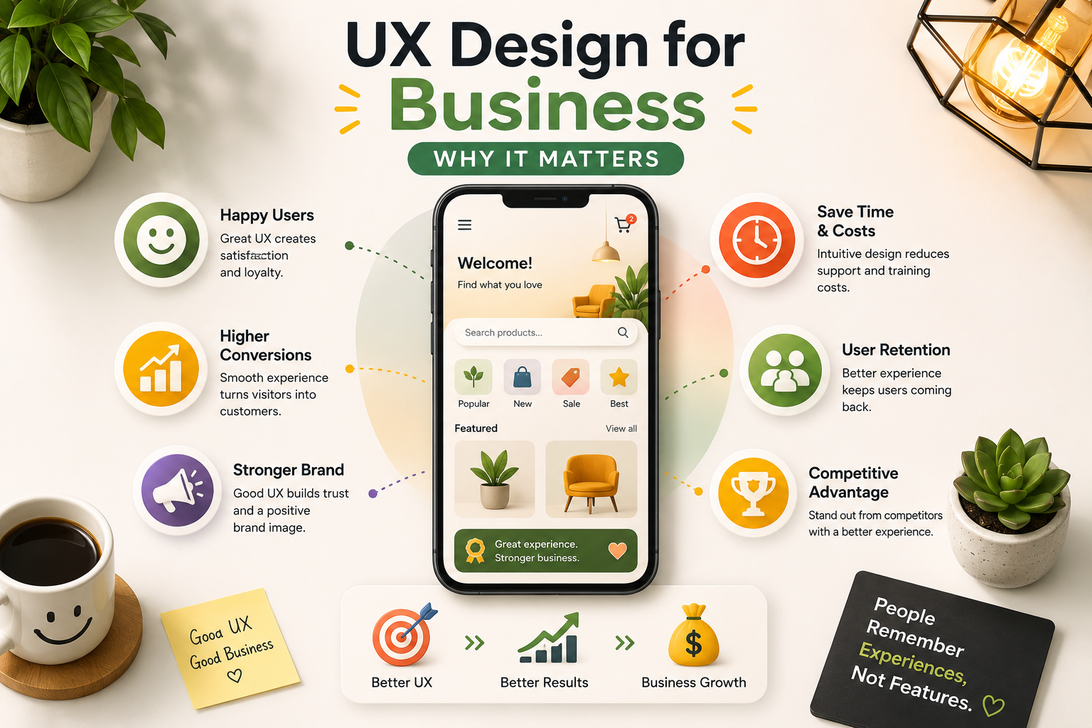 UX design for business showing better user experience, higher conversions, stronger branding, user retention, lower costs, and business growth