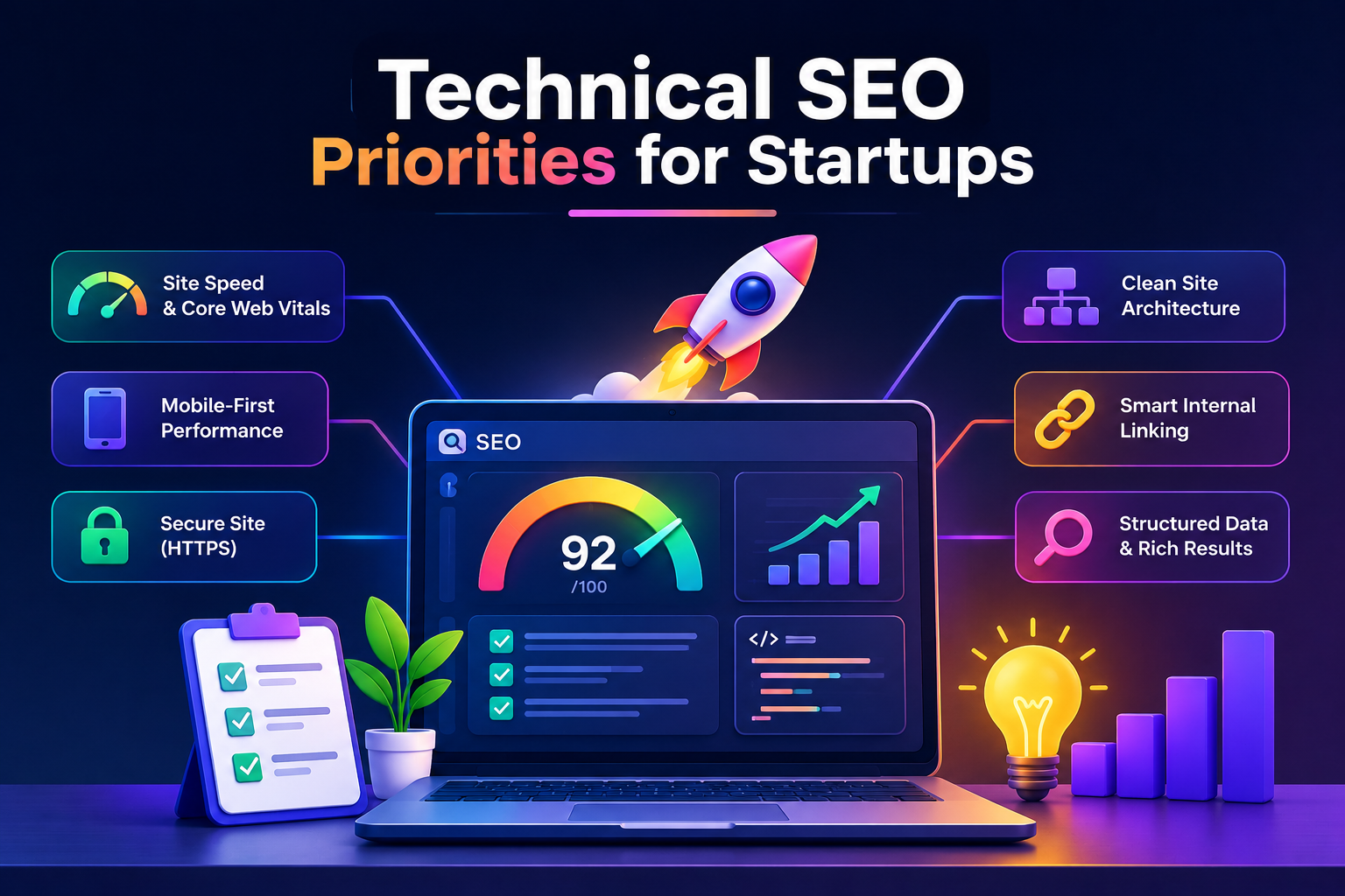 Technical SEO Priorities for Startups Technical SEO priorities for startups showing site speed, mobile performance, HTTPS, site architecture, internal linking, and structured data