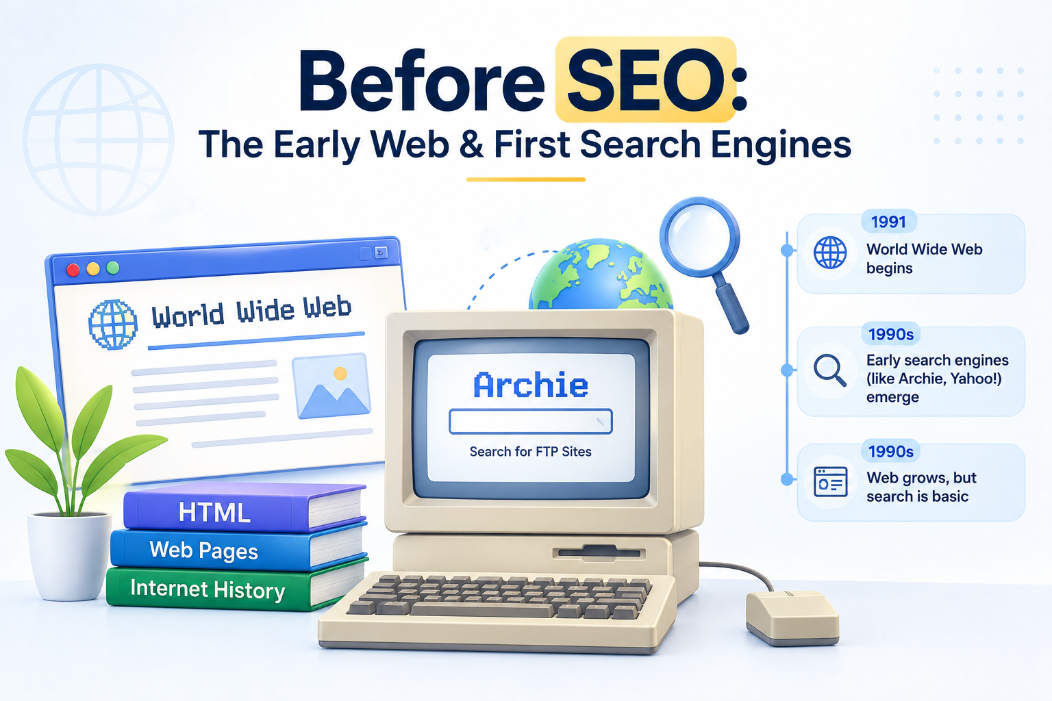 Early web and first search engines showing the World Wide Web, HTML, Archie, and the beginnings of online search
