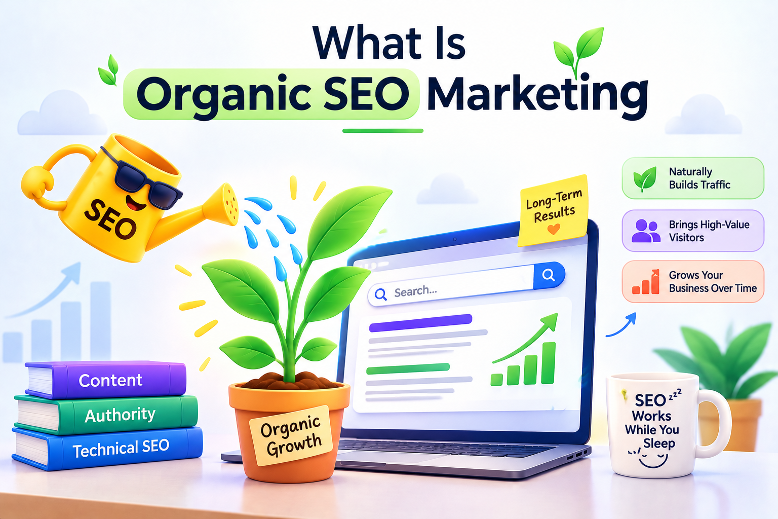 Organic SEO marketing showing natural traffic growth, valuable visitors, search visibility, and long-term business results