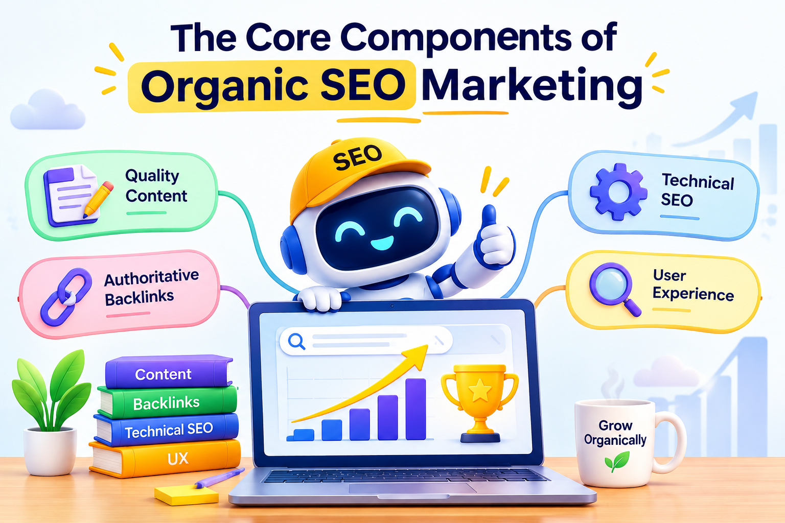 The Core Components of Organic SEO Marketing Core components of organic SEO marketing showing quality content, authoritative backlinks, technical SEO, and user experience