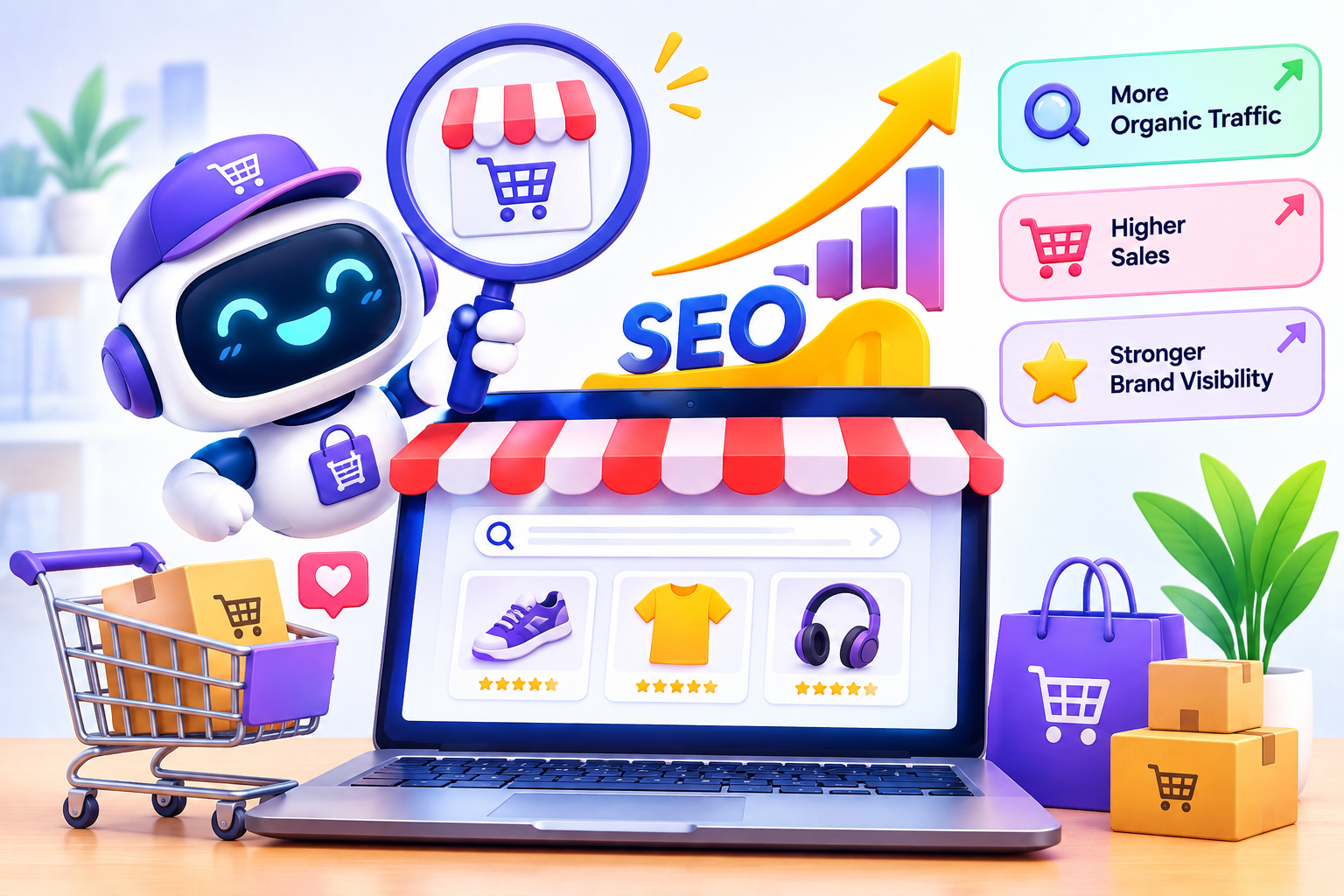 Ecommerce SEO showing an online store, organic search traffic, higher sales, and stronger brand visibility