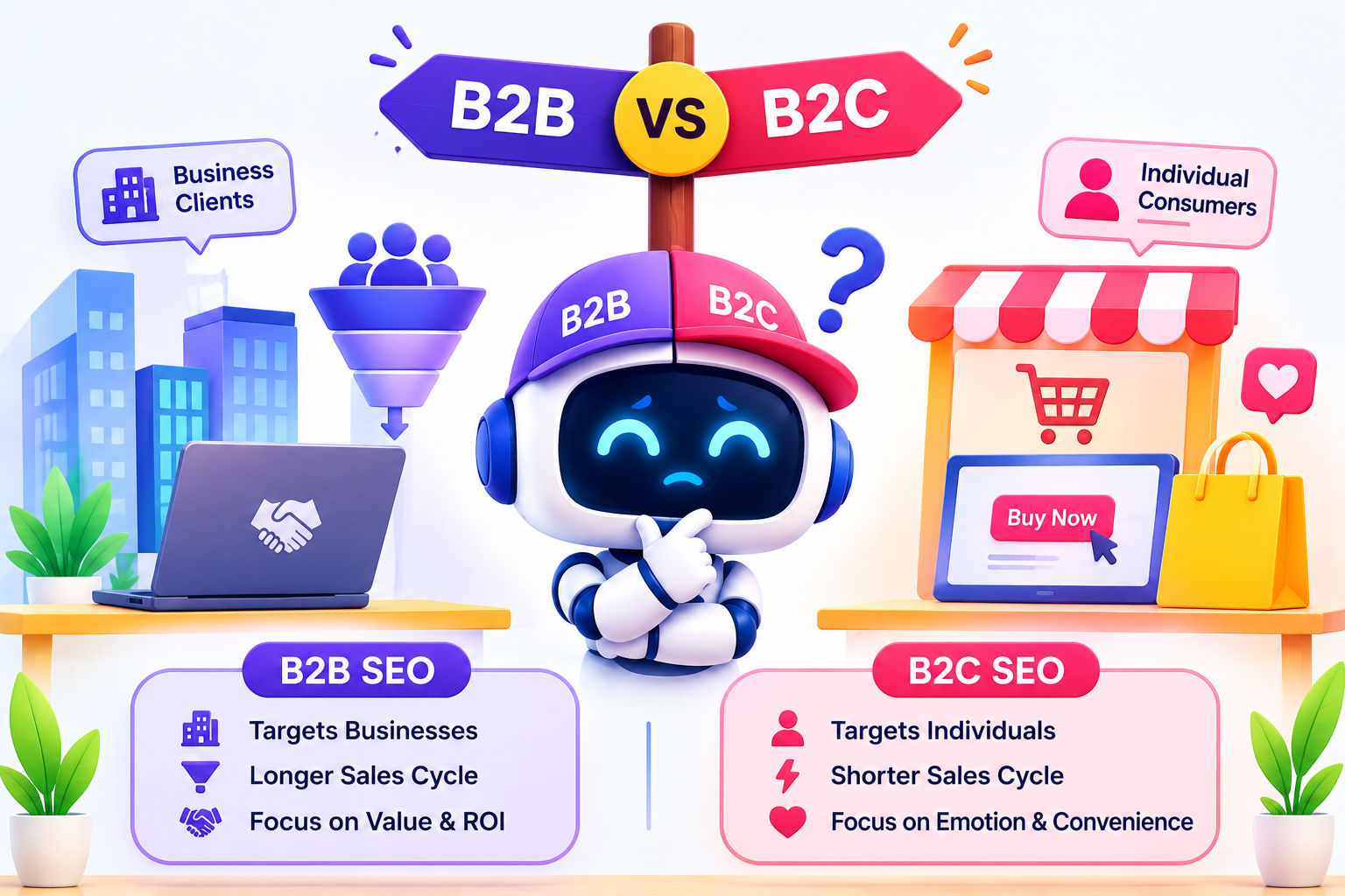 B2B versus B2C SEO showing business clients, individual consumers, different sales cycles, and distinct search strategies