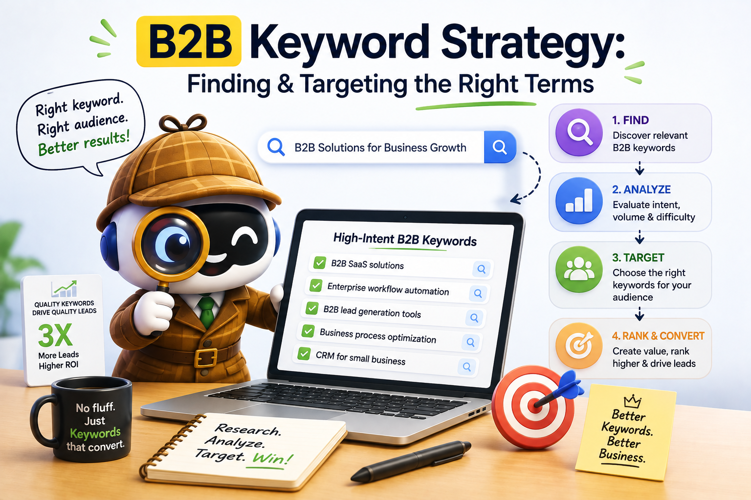 B2B Keyword Strategy: Finding & Targeting the Right Terms B2B keyword strategy showing keyword research, search intent analysis, audience targeting, and ranking for better leads