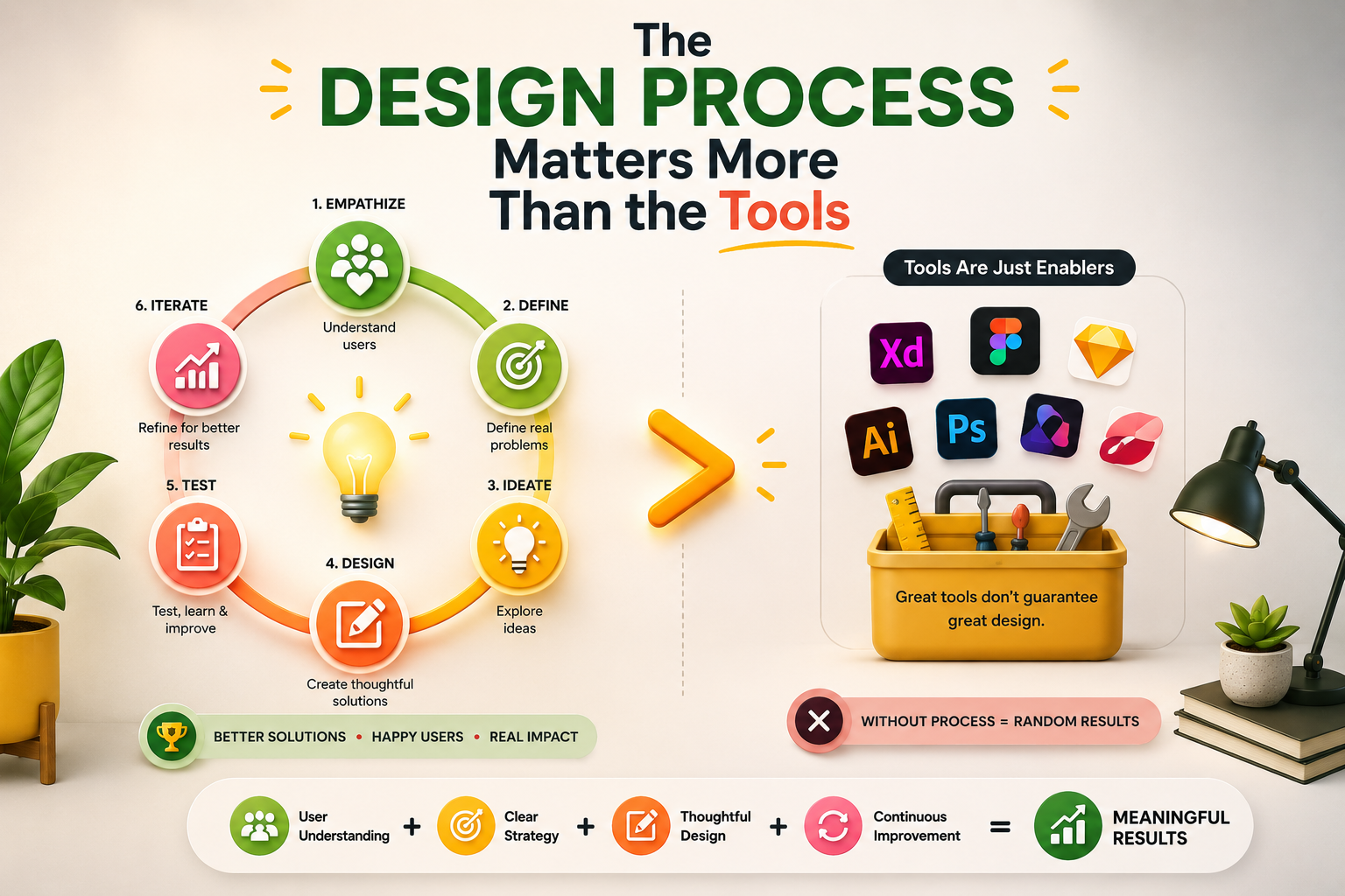Design process compared with design tools showing empathy, defining, ideation, design, testing, iteration, and better user-focused results