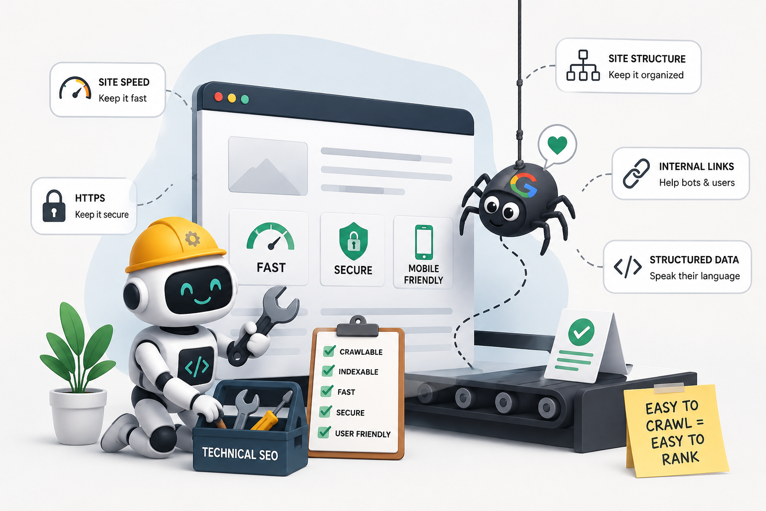 Technical SEO showing a website being optimized for crawlability, indexing, speed, security, and mobile usability