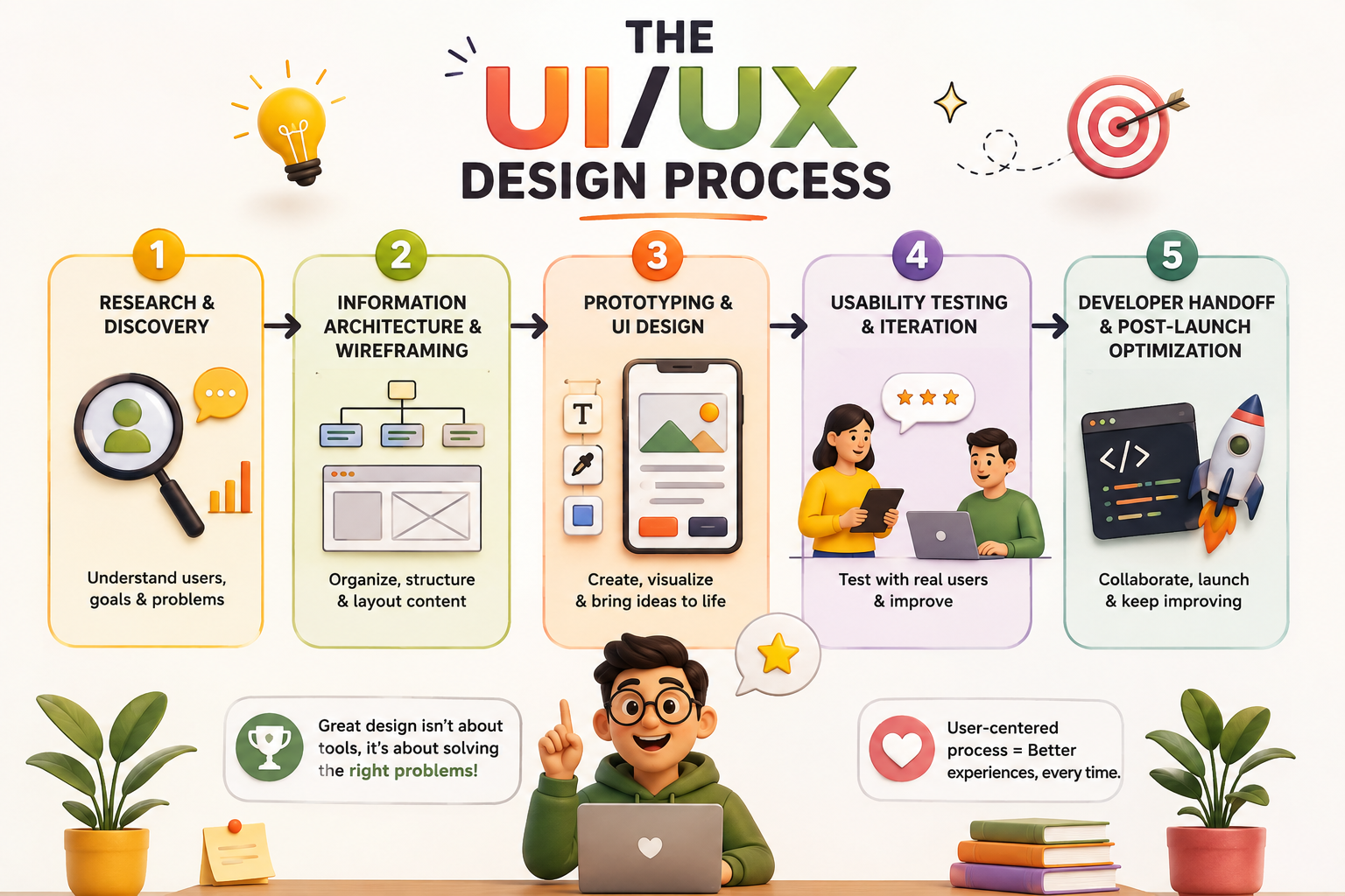The UI/UX Design Process UI/UX design process showing research and discovery, information architecture and wireframing, prototyping and UI design, usability testing, and developer handoff
