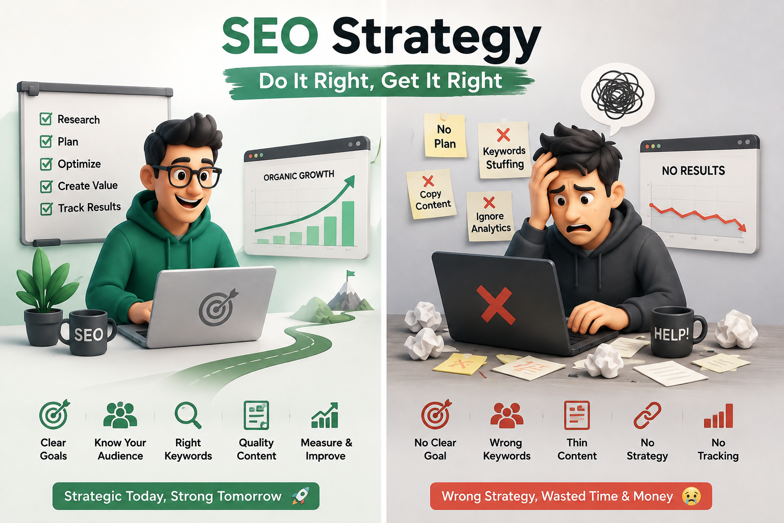 SEO strategy showing the difference between a planned approach with organic growth and common mistakes that lead to poor results