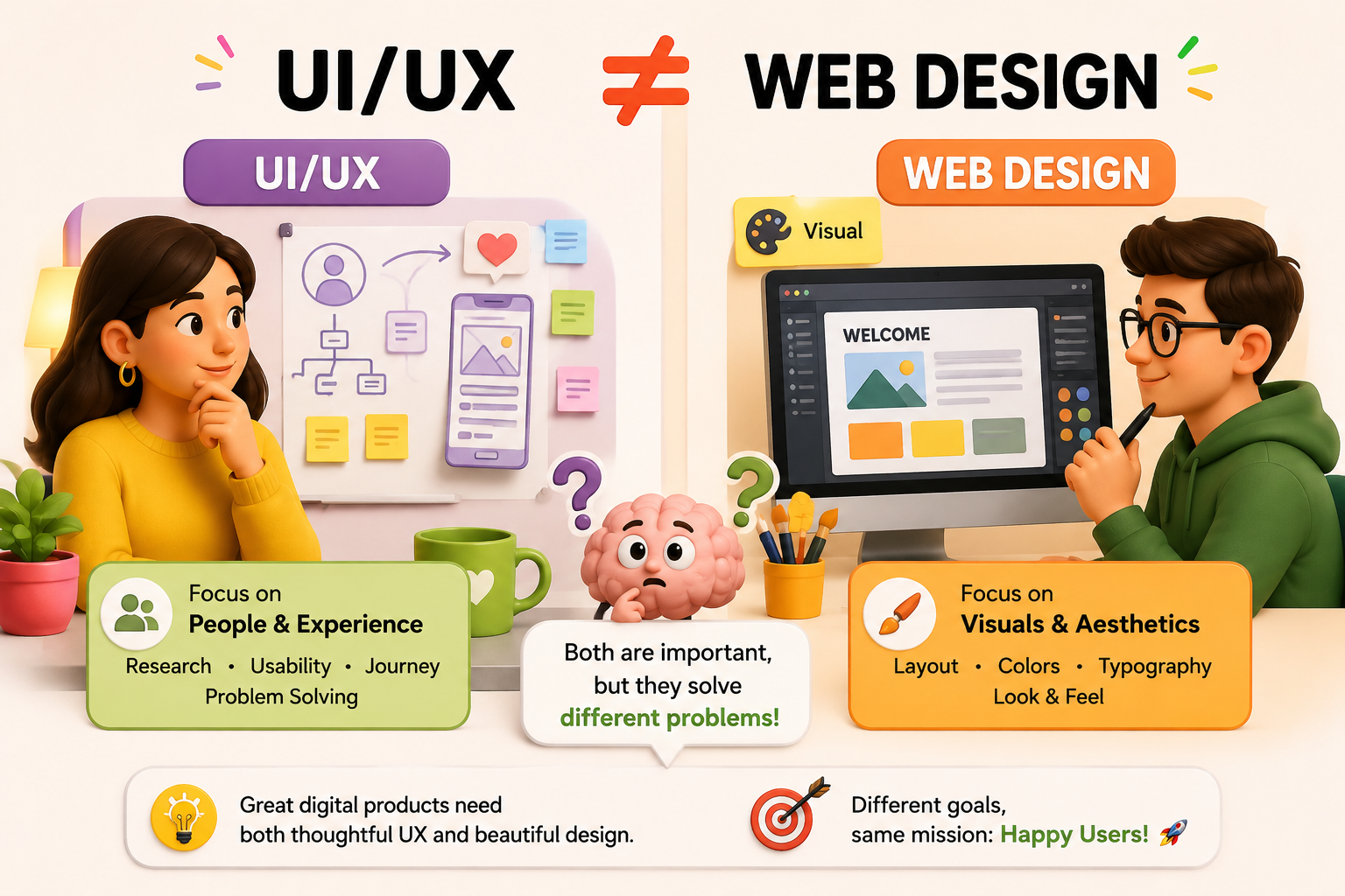 UI/UX the Same as Web Design UI/UX and web design comparison showing user experience, usability, research, layout, colors, typography, and visual aesthetics