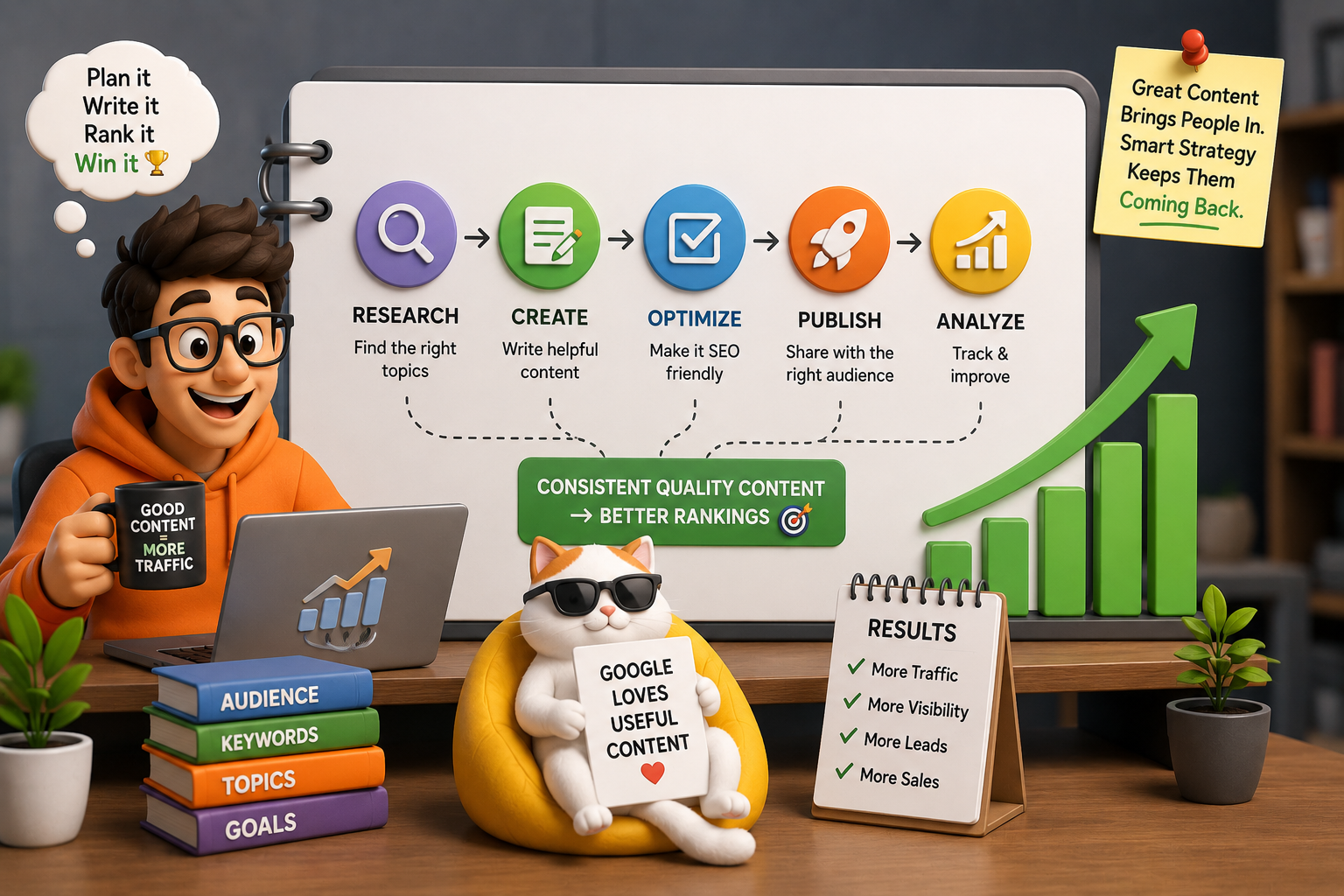 SEO content strategy showing research, content creation, optimization, publishing, and performance analysis for better rankings