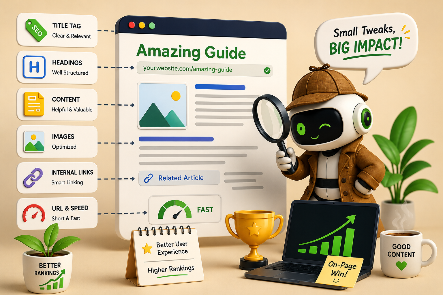 On-page SEO showing optimized title tags, headings, content, images, internal links, URLs, and page speed for better rankings