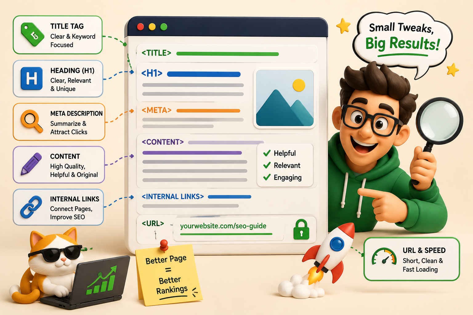 Important on-page SEO elements showing title tags, headings, meta descriptions, quality content, internal links, and optimized URLs