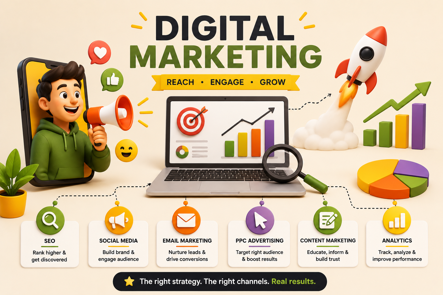 Digital marketing showing SEO, social media, email marketing, PPC advertising, content marketing, analytics, audience engagement, and business growth