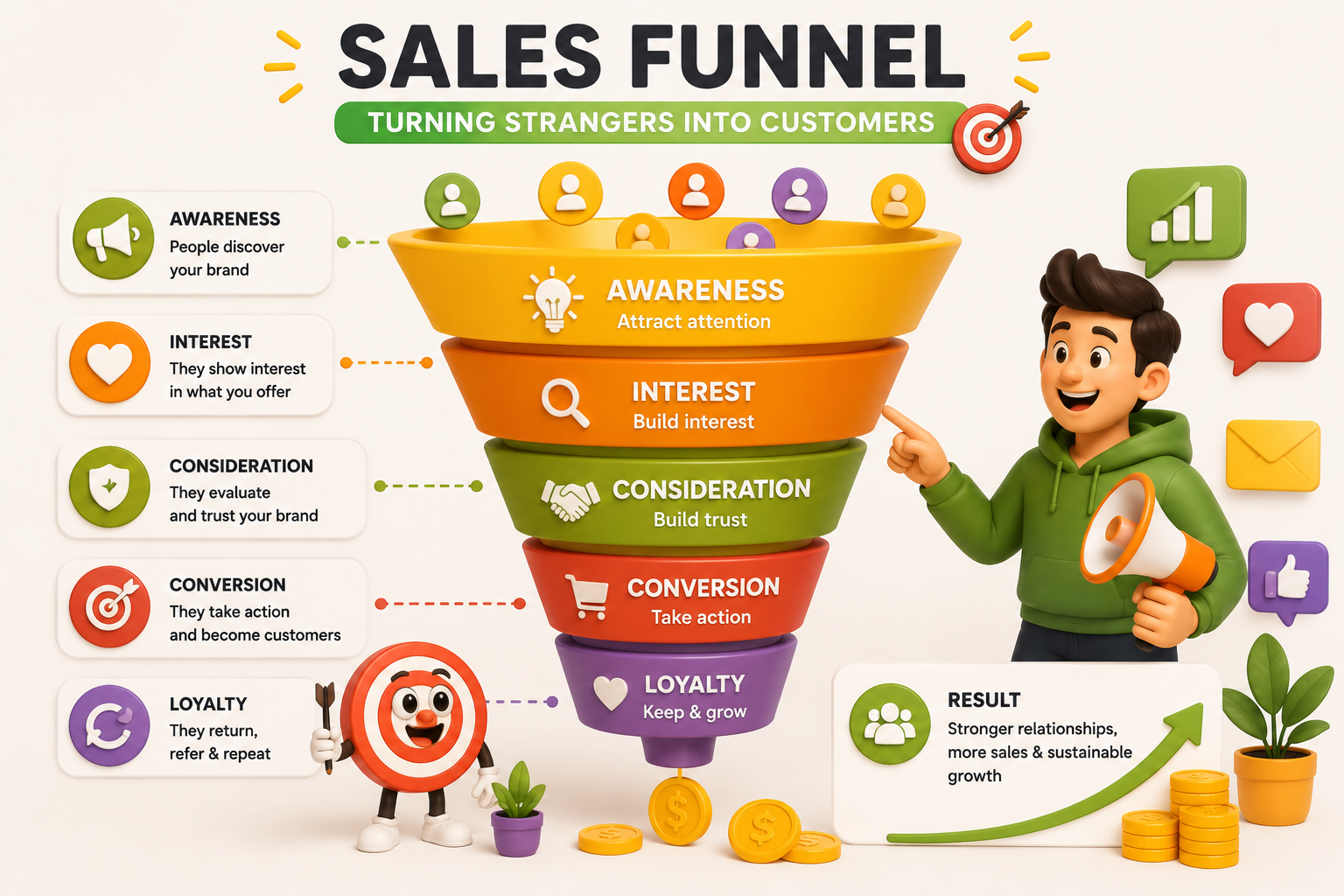 Sales funnel in digital marketing showing awareness, interest, consideration, conversion, loyalty, customer growth, and business results