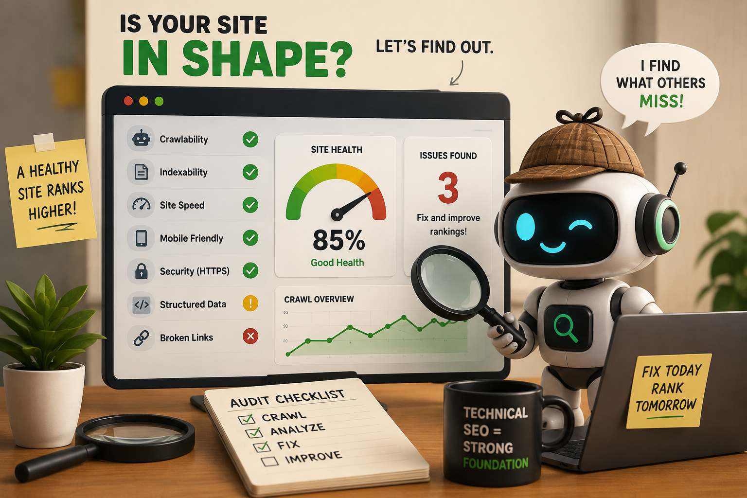 What Is a Technical SEO Audit? Technical SEO audit showing crawlability, indexability, site speed, mobile usability, security, structured data, and broken link checks