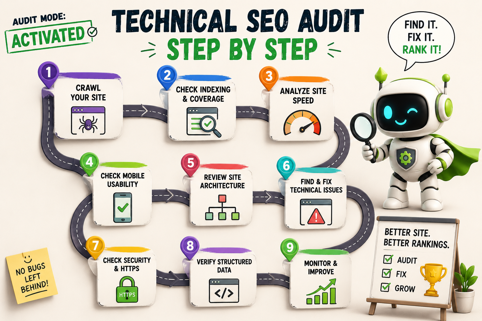 How to Do a Technical SEO Audit Step by Step Step-by-step technical SEO audit showing crawling, indexing, site speed, mobile usability, site architecture, security, structured data, and monitoring