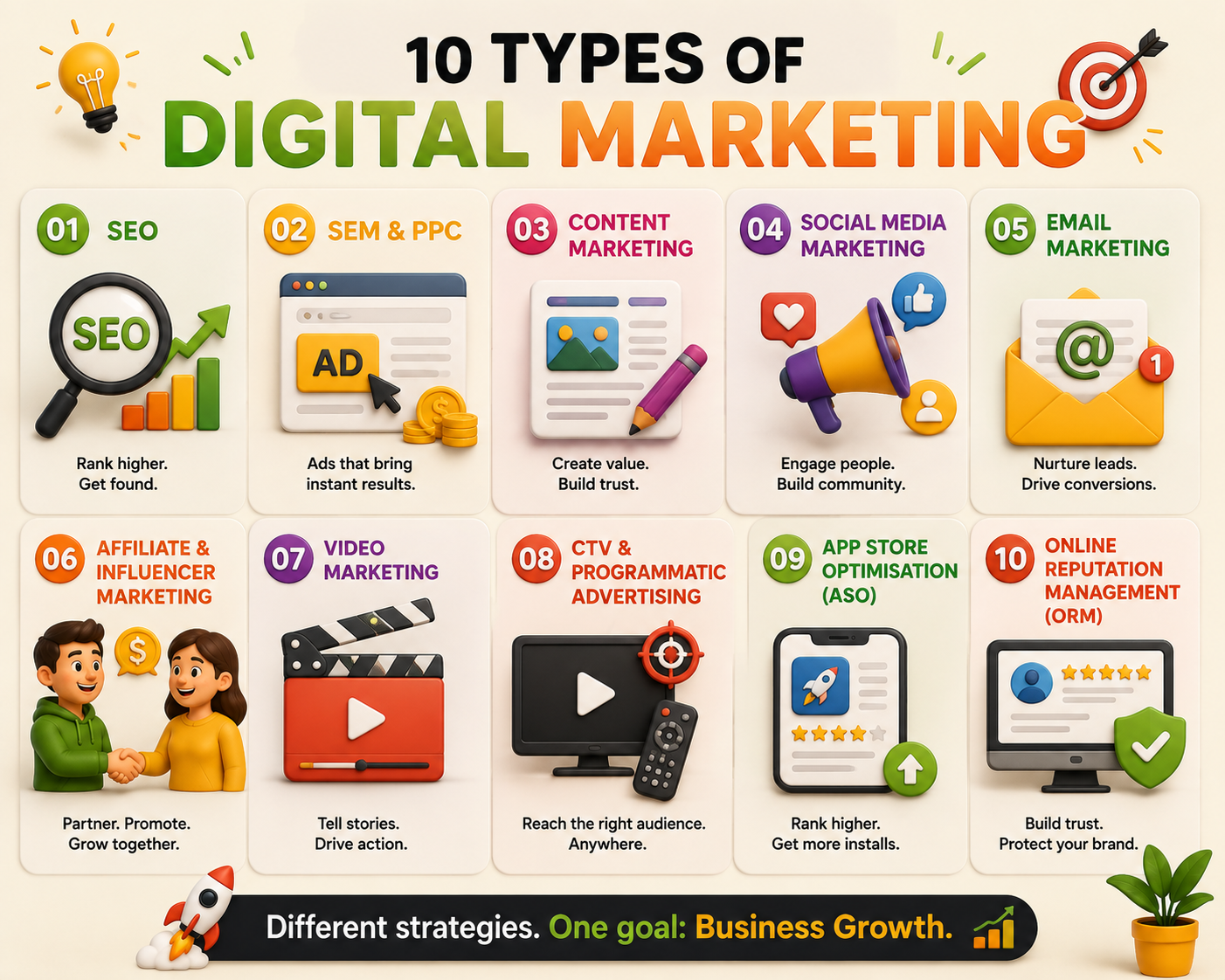 Main types of digital marketing showing SEO, SEM and PPC, content marketing, social media, email, affiliate and influencer marketing, video, CTV, ASO, and online reputation management