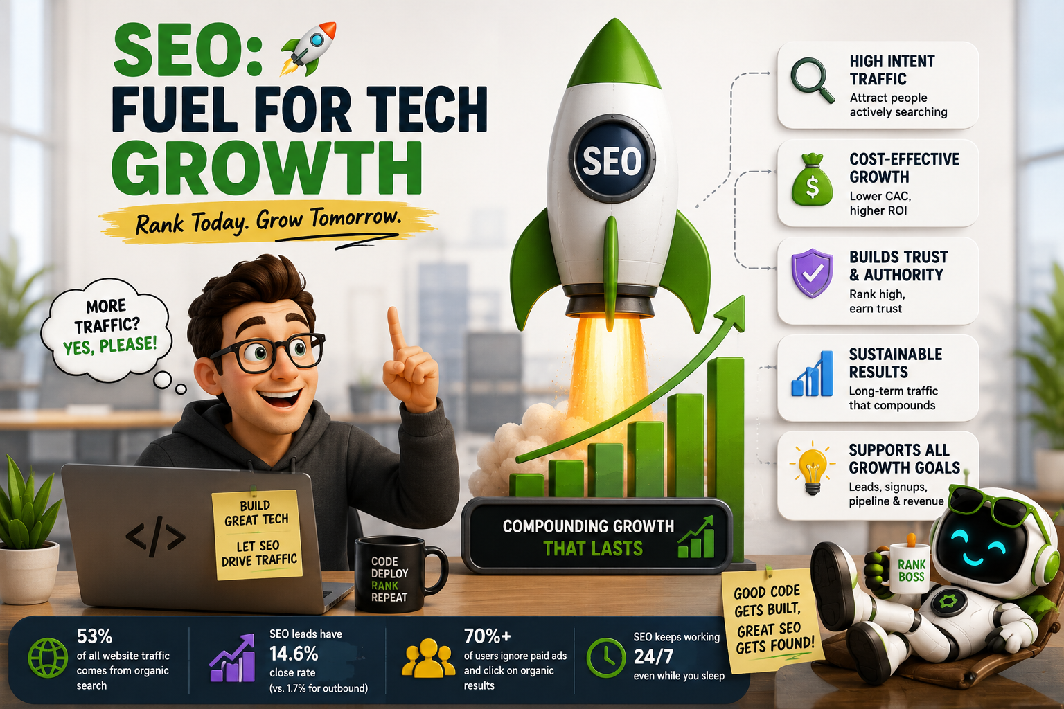 Why SEO Is a High-Priority Growth Channel for Tech Companies SEO as a growth channel for tech companies showing organic traffic, high-intent visitors, lower acquisition costs, trust, and sustainable growth