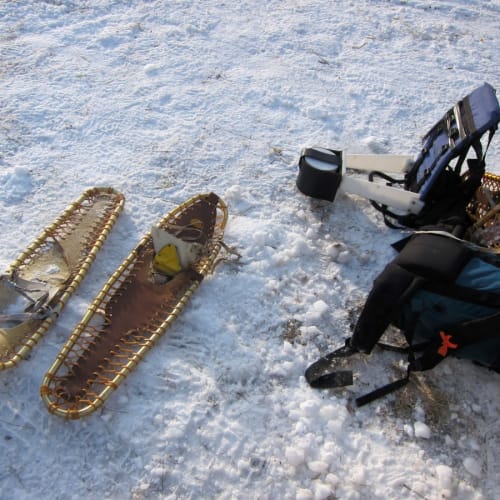 Snowshoes and ground VLF-EM survey equipment ready for winter operations