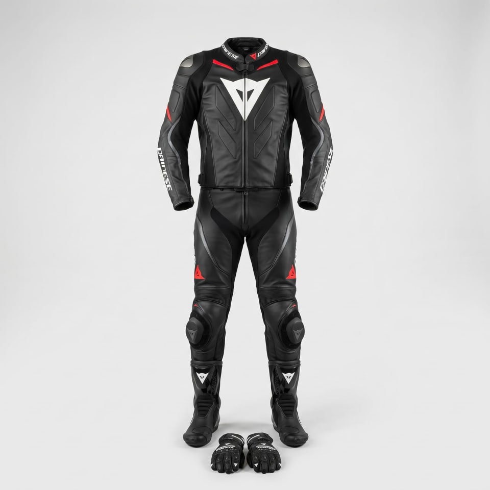 Set Dainese Negro/Rojo: foto principal en maniquí invisible, fondo de estudio
