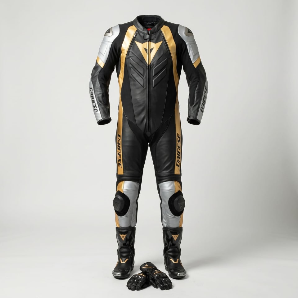 Set Dainese Negro/Oro: foto principal en maniquí invisible, fondo de estudio