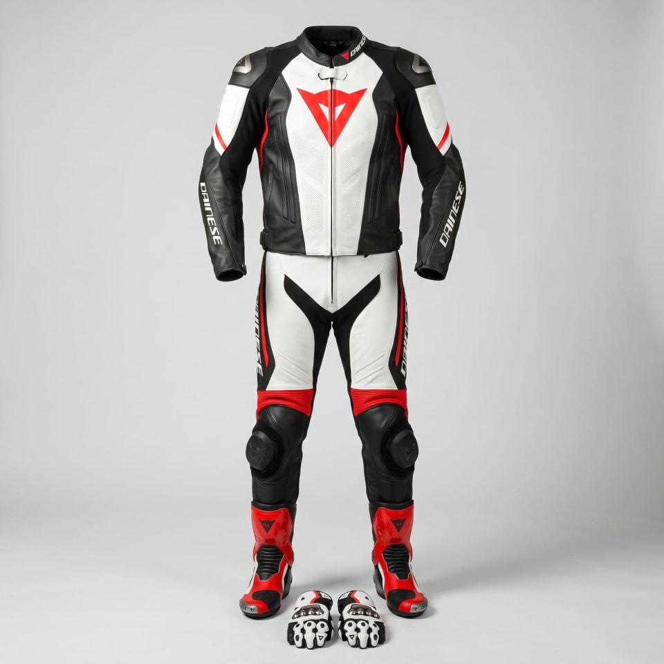 Set Dainese Negro/Blanco/Rojo: foto principal en maniquí invisible, fondo de estudio