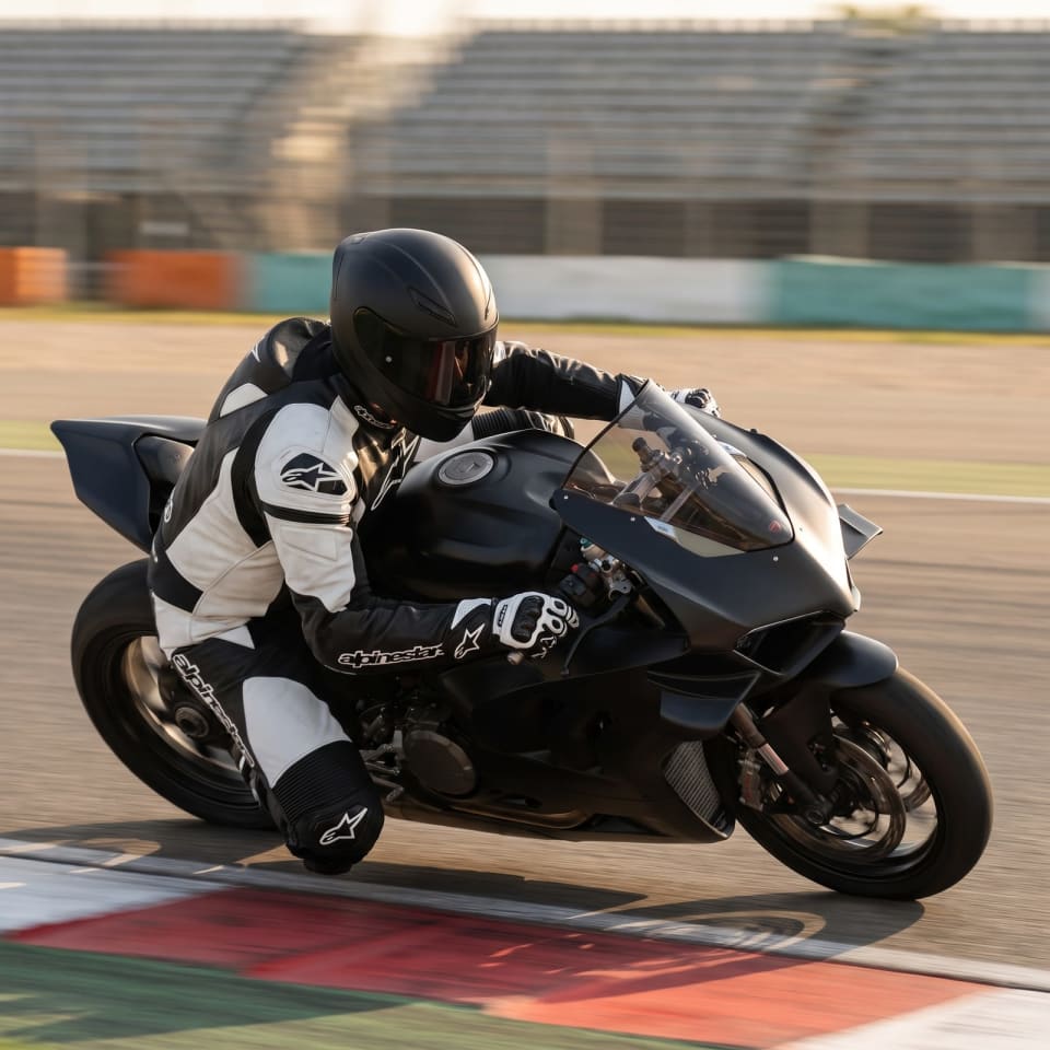 Set Alpinestars Negro/Blanco: piloto en pista con el equipo puesto
