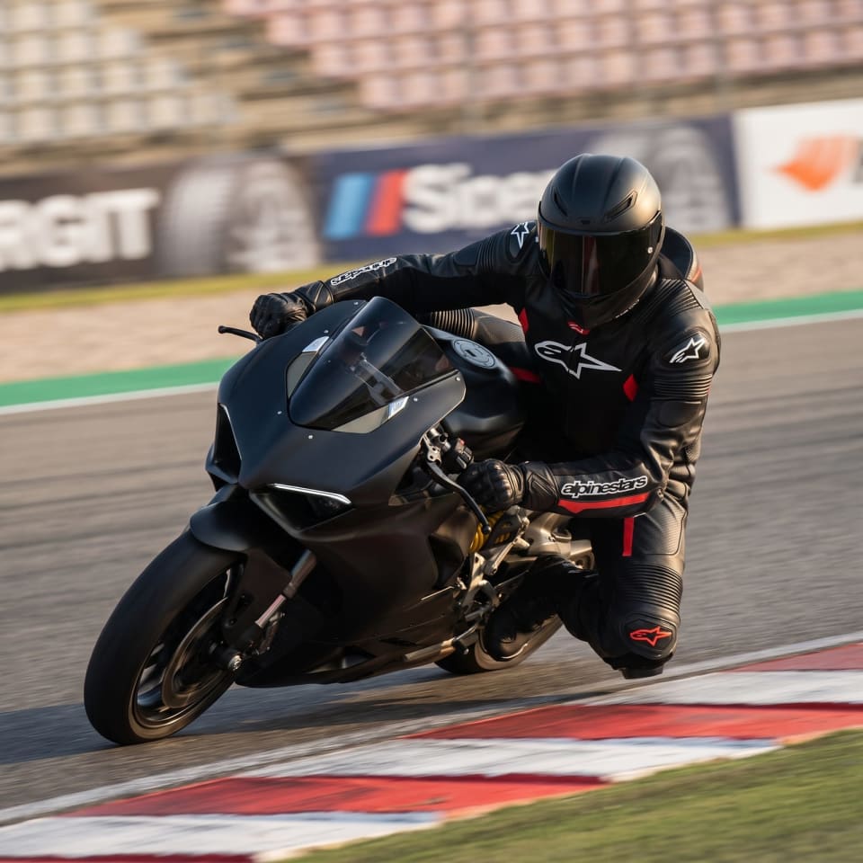 Mono Alpinestars Negro/Rojo: piloto en pista con el equipo puesto