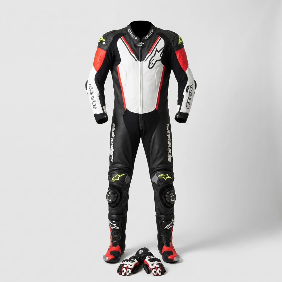 Set Alpinestars Blanco/Rojo/Negro: foto principal en maniquí invisible, fondo de estudio