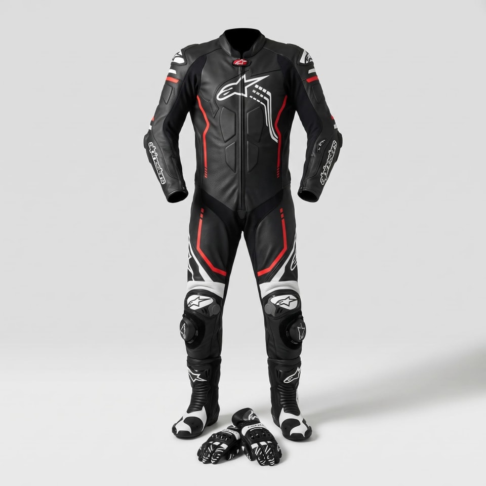 Set Alpinestars Negro Mate/Rojo: foto principal en maniquí invisible, fondo de estudio