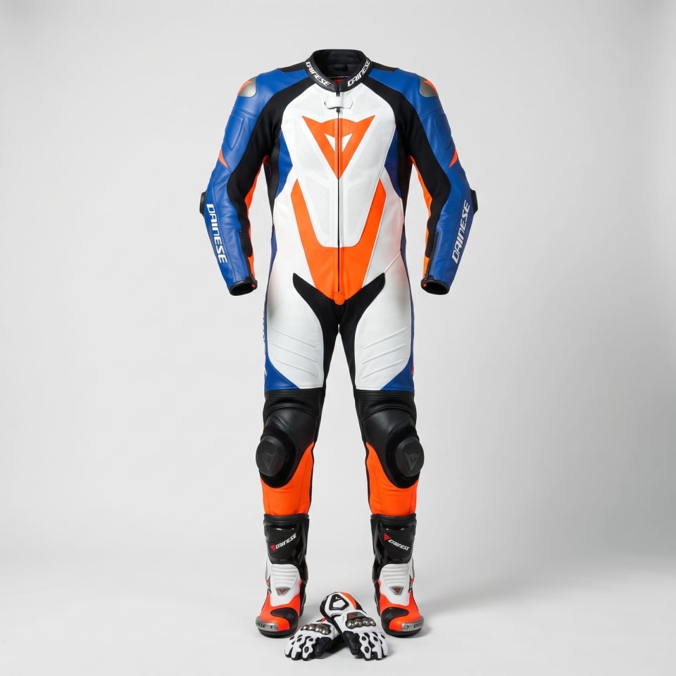 Set Dainese Naranja/Azul: foto principal en maniquí invisible, fondo de estudio