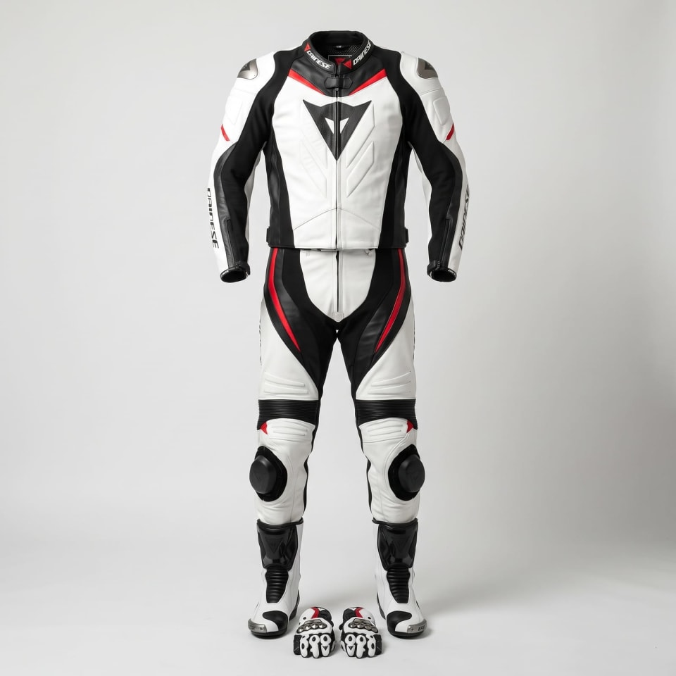 Set Dainese Blanco/Negro: foto principal en maniquí invisible, fondo de estudio