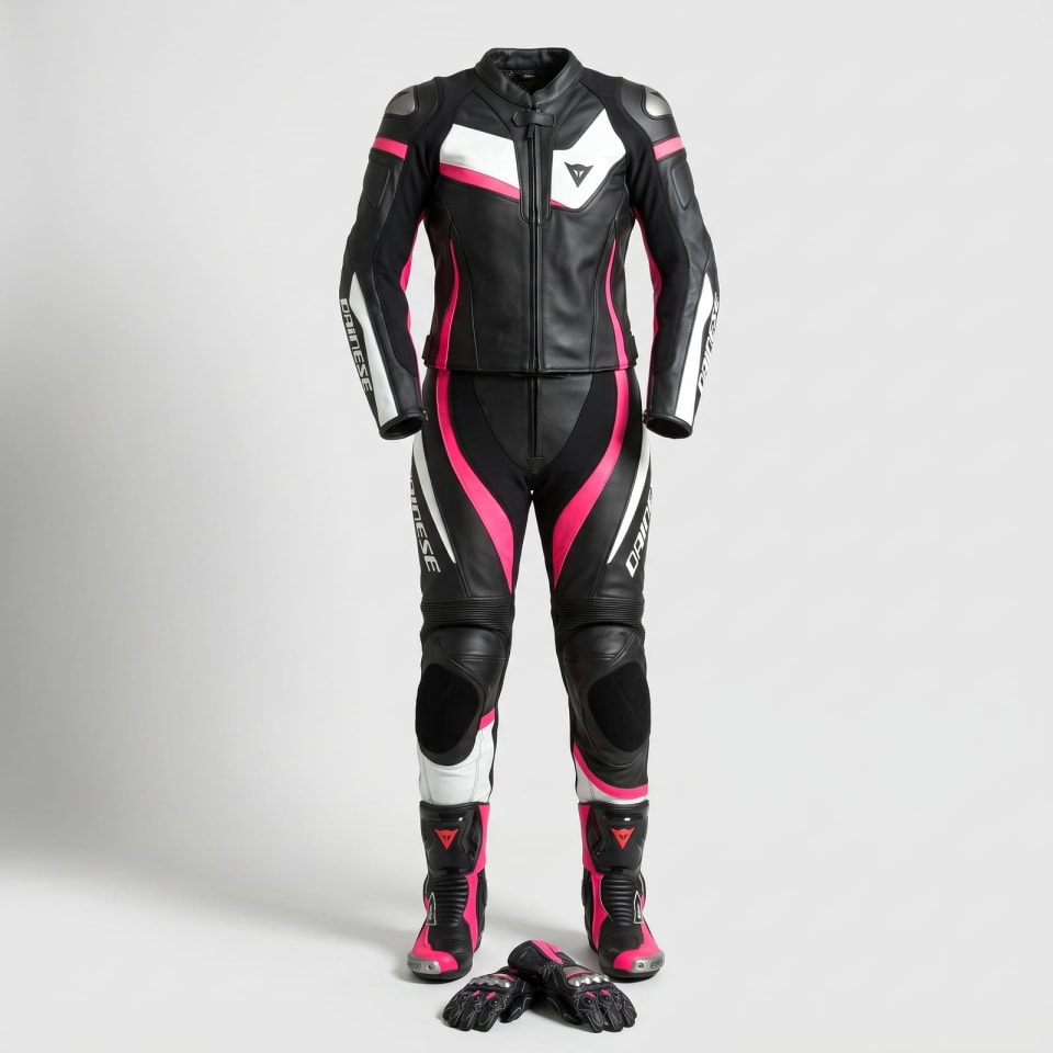 Set Dainese Negro/Rosa Mujer: foto principal en maniquí invisible, fondo de estudio