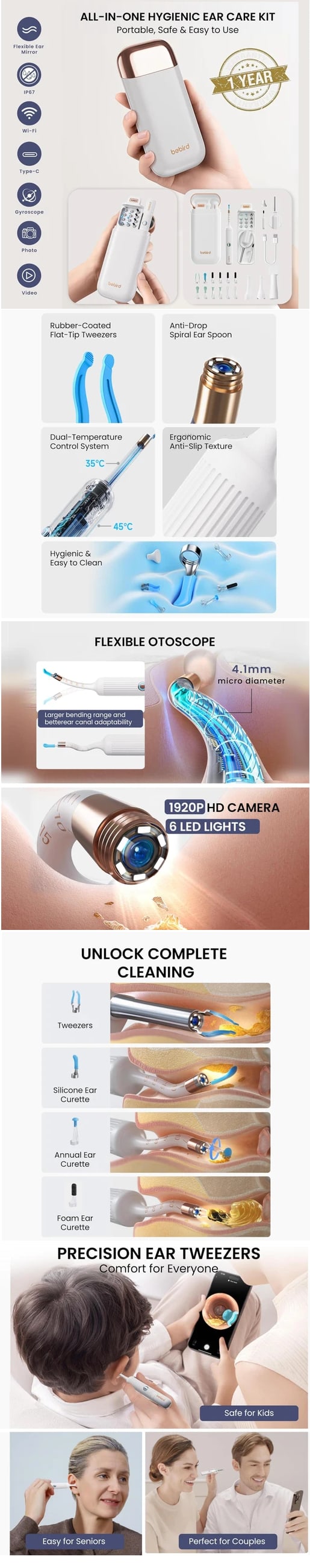 Bebird EarSight Plus Compact All-in-1 Visual Ear Wax Remover - White infographic