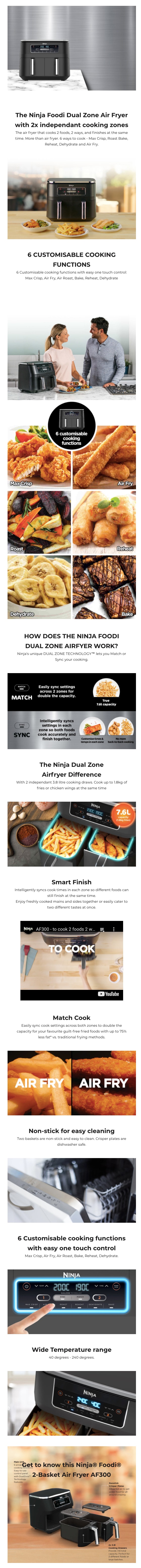 Ninja Foodi AF300 Air Fryer Dual Zone Technology 7.6 Litre 2 Draws infographic
