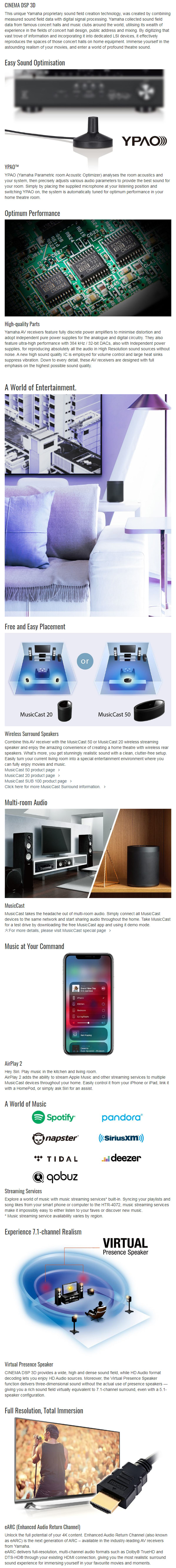 Yamaha HTR-4072B 5.1Ch 115W HDCP2.2 AV Receiver Inbuilt WiFi Bluetooth infographic