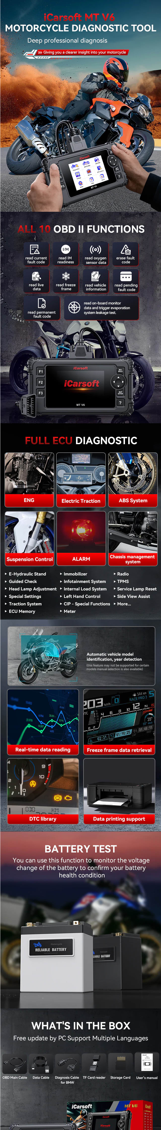 ICARSOFT MT V6 Diagnostic Scan Tool for Harley Davidson Motorcycle infographic